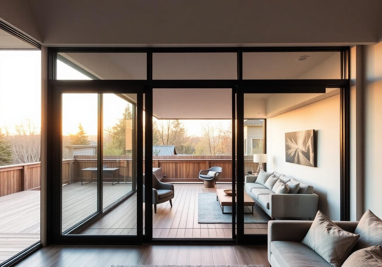 Bright living room with black framed patio doors
